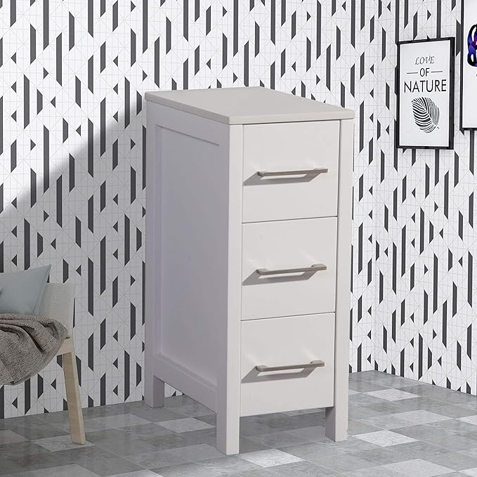 Vanity Art 12 Inch Bathroom Cabinet 3 Dove-Tailed Drawers with Engineered Marble Top Side Storage Organizer Freestanding Single Vanity VA3112-W