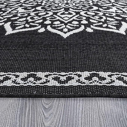 CAMILSON Outdoor Rug, 5x7 Medallion Black White Modern Area Rugs for Indoor and Outdoor Patios, Kitchen and Hallway Mats, Washable Porch Deck Outside Carpet (Medallion Black, 5 x 7)