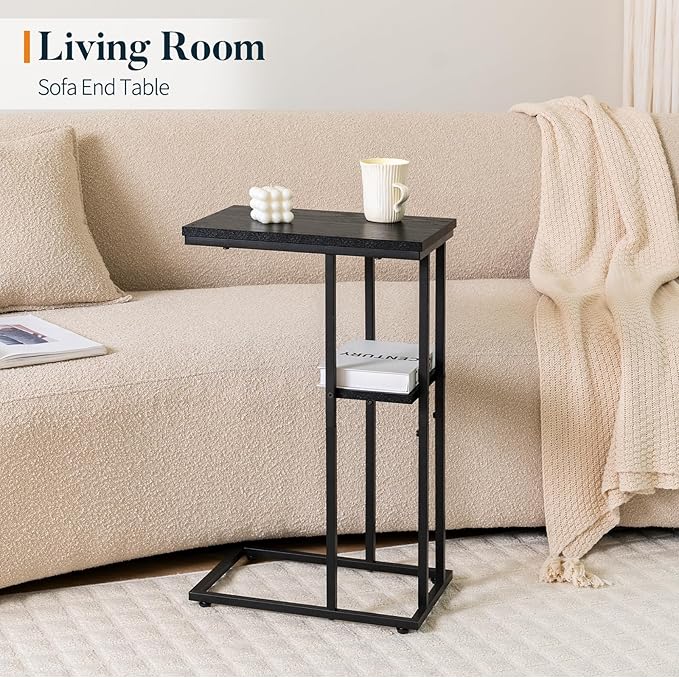 Yoobure C Shaped End Table, Side Table for Couch and Bed, Small Side Table for Small Spaces, Living Room, Bedroom, Rustic Snack Table