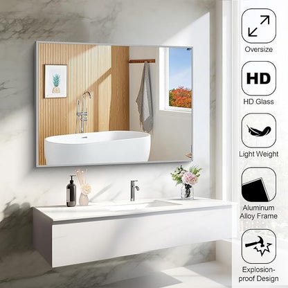 Silver Bathroom Mirror, 48"X36" Rectangle Mirrors for Wall Metal Frame, Bathroom Rectangular Mirror Modern Wall Mirror for Bedroom Living Room, Hangs Horizontal or Vertical