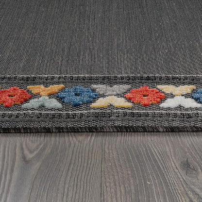 Beverly Rug Outdoor Runner Rug 2x7 Modern Floral Bordered Area Rugs for Indoor and Outdoor Patio Easy to Clean Non Shedding Living Room Porch Garden Washable Outside Carpet (2 x 7 Dark Gray)