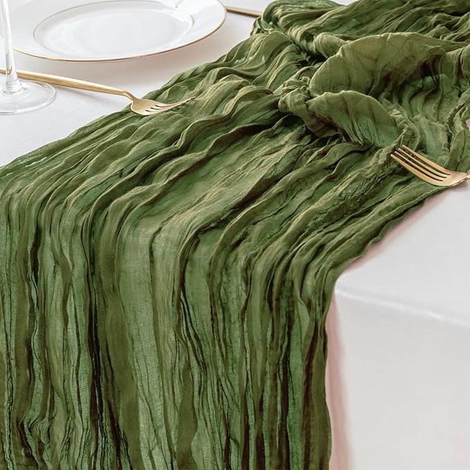 Sioloc 1 Pack Moss Green Cheesecloth Table Runner Fall Autumn Decor for Home 10ft Table Cloth for Tea Wedding Birthday Party Baby Bridal Shower Halloween Thanksgiving