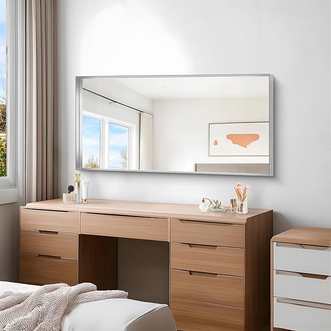 Silver Bathroom Mirror, 24x48 Inch Rectangular Framed Mirror, Large Wall Mounted Bathroom Vanity Mirror Over Sink for Bedroom,Restroom, Living Room, Hangs Vertically or Horizontally