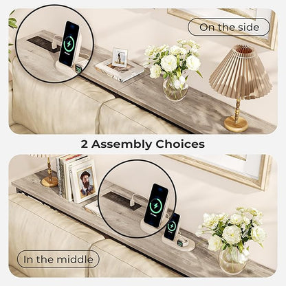 SUPERJARE 70 Inch Console Table with Outlets and USB-C Port, Extra Long Behind Couch Sofa Table with X-Shaped Design, Narrow for Entryway, Living Room, Metal Frame, Wooden Top, Grey Oak