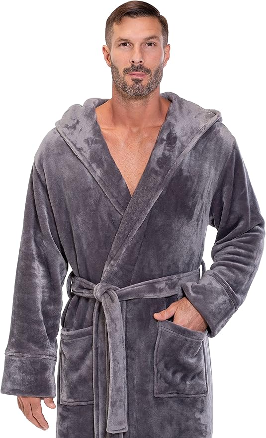 Turquaz Plush Robes For Men, Soft Fuzzy Hooded Mens Bathrobes, Long Comfy Robe For Men