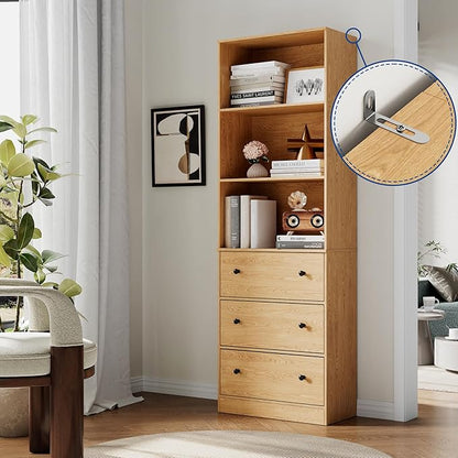 71" Tall Bookshelf with Storage, Bookcase with Drawers, Farmhouse Wooden Corner Book Shelves, Mid Century Modern Book Shelf Wall Standing Home Decor Furniture for Living Room, Bedroom, Office, Kitchen