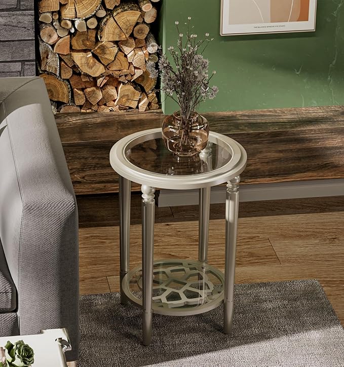 COSIEST Set of 2 Modern Round End Table, 2-Tier Glass Side Table with Glass Tabletop, Wood Accent Table with Storage Shelf for Living Room, Bedroom