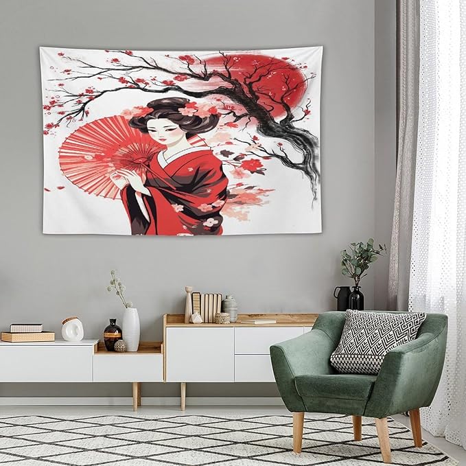 Japanese Red Geisha Tapestry Asian Cherry Blossom Traditional Kimono Folk Tapestries Home Decor for Living Room Bedroom Apartment Farmhouse Dorm 90"x60"