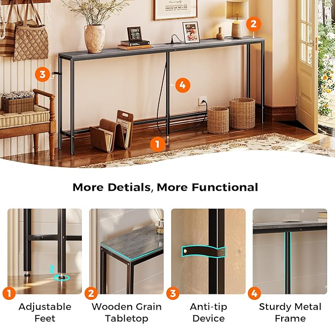 SUPERJARE 78.7 Inch Console Table with Outlet, Sofa Table with Charging Station, Narrow Hallway Entryway Table, Behind Couch Table, for Living Room, Charcoal Gray