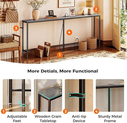 SUPERJARE 78.7 Inch Console Table with Outlet, Sofa Table with Charging Station, Narrow Hallway Entryway Table, Behind Couch Table, for Living Room, Charcoal Gray