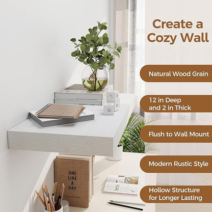 12 Inch Deep White Floating Shelves, 24 x 12 Floating Shelf for Books, Rustic Wood Deep Wall Shelves for Home Storage & Display, 2" Thicked Shelves for Kitchen, Living Room, Bedroom, 2 Pack