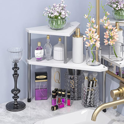 Weenson Bathroom Counter Organizer Over Sink for Toiletries Makeup, Kitchen Countertop Organizer Spice Rack for Salt, 2-Tier Corner Counter Shelf for Coffee Area Storage Dresser Table Bamboo