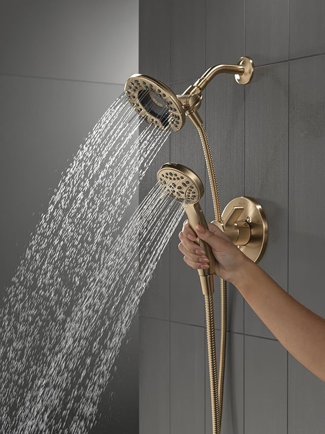 Delta Faucet Albion 14 Series Single-Handle Shower Faucet, Gold Shower Trim Kit with 4-Setting In2ition 2-in-1 Dual Hand Held Shower Head with Hose, Champagne Bronze T142855-CZ-I (Valve Not Included)
