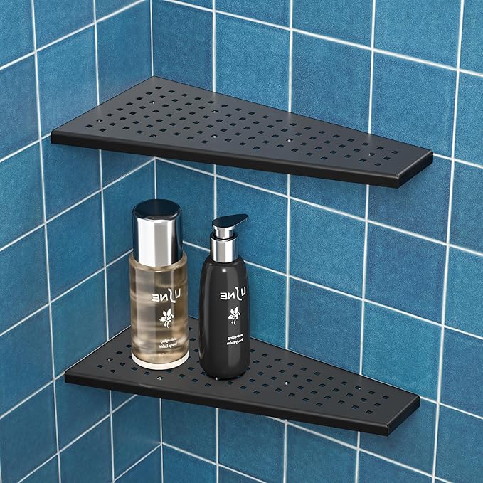 Corner Shower Shelf 2PCS, Trapezoid Bathroom Shelves 12'' for Tiled Wall, 304 Stainless Steel Grout in Shelf, No Drilling Needed (Black)
