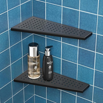 Corner Shower Shelf 2PCS, Trapezoid Bathroom Shelves 12'' for Tiled Wall, 304 Stainless Steel Grout in Shelf, No Drilling Needed (Black)