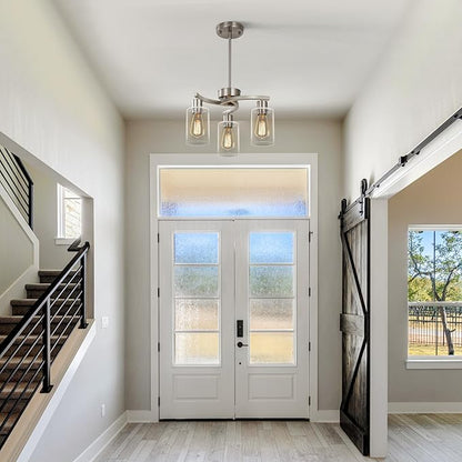 3-Light Brushed Nickel Pendant Lighting for Kitchen Island, Hanging Dining Room Light Fixtures Over Table, Industrial Chandelier for Entryway Hallway Foyer Bedroom, Clear Glass Shade