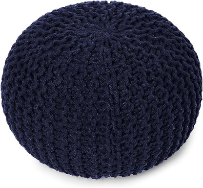 REDEARTH Round Pouf Foot Stool Bean Bag Ottoman - Cable Knitted Cord Boho Pouffe - Poof Accent Bean Bag - Handmade by Artisans for Living Room - Bedroom (19.5"x19.5"x14") - Navy Blue
