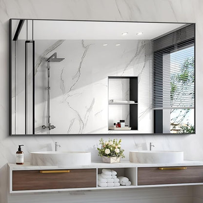 Black Bathroom Mirror, 48"X36" Rectangle Mirrors for Wall Metal Frame, Modern Vanity Wall Mirror for Bathroom Living Room, Entryway Hangs Horizontal or Vertical