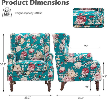UIXE High Back Floral Accent Chair, Upholstered Armchair in Fabric, Retro Printed Wingback Arm Chair for Living Room, Nailhead Trim Single Sofa Bedroom Reading Seat - Peacock Blue