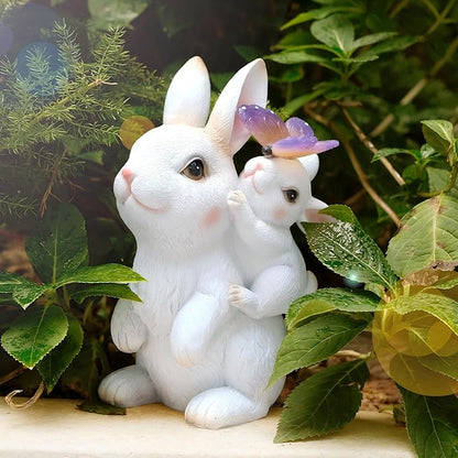 Solar Garden Statues Rabbit with Solar Lights,Mother&Baby Bunny Figurine with Butterfly Changing Lights for Yard Art Garden&Patio Decor,Unique Easter&Birthday Gifts for Women Mom Grandma