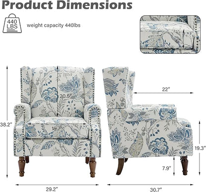 UIXE High Back Floral Accent Chair, Upholstered Armchair in Fabric, Retro Printed Wingback Arm Chair for Living Room, Nailhead Trim Single Sofa Bedroom Reading Seat - Plants Blue
