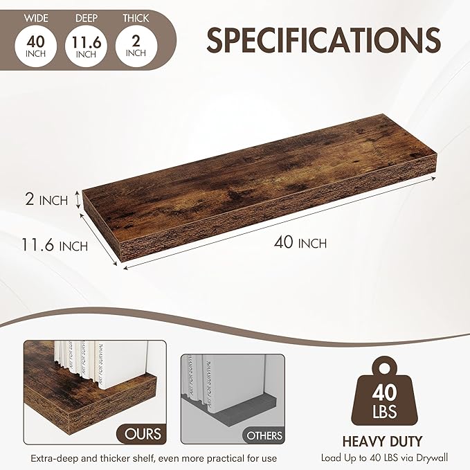 40 Inch Floating Shelves, 12" Deep Floating Shelf Wall Mounted, 40" Wall Shelves, Rustic Deep Bookshelf, Extra Deeper & Thicker Display Shelves for Bedroom, Living Room, Brown, Set of 2