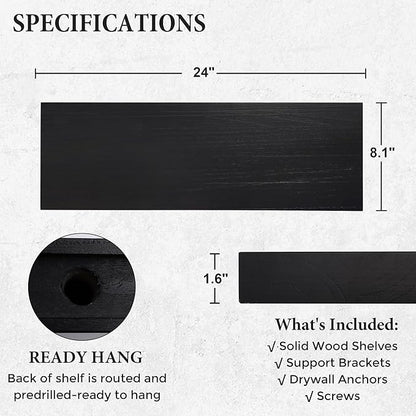 Axeman Floating Shelves, 2 Pack 8 Inch Deep Modern Solid Wood Wall Shelves for Storage, Wall Mounted Display Shelving with Invisible Heavy-Duty Metal Bracket, 24" W x 8" D x 1.6" H, Distressed Black