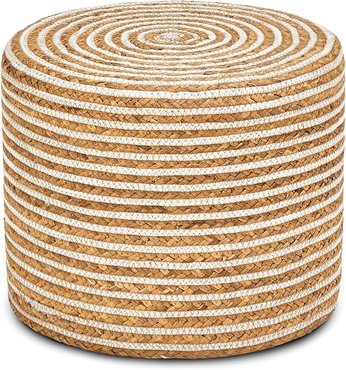 Wimarsbon 18'' Ottoman Pouf, Natural Braided Poof, Rustic Handweave Lounge Pouffe, Boho Footrest Stool for Bedroom, Accent Table or Seat for Living Room (Natural Water Hyacinth + White Cotton Rope)
