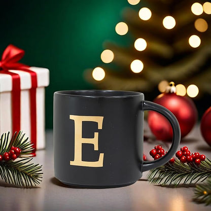 COLLECTIVE HOME - Monogram Ceramic Mugs, 15 oz Golden Initial Black Coffee Cups, Elegant Alphabet Tea Mugs, Elegant Personalized Mug with Gift Box, Unique Mug with Double Side Capital Lette (E)