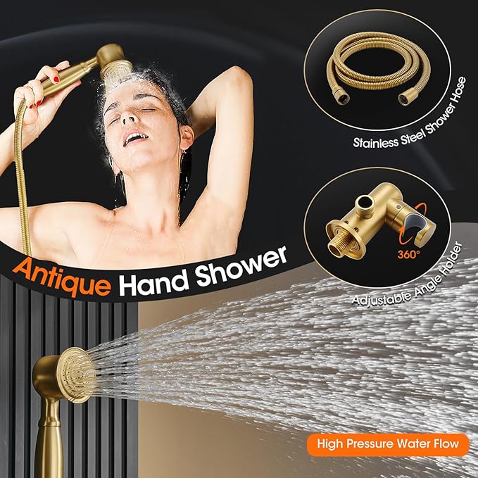 Antique Rainfall Shower System Bathroom Luxury Rain Mixer Shower Faucet Set with Pressure Balance Valve, Shower Combo Set with Rain Shower Head and Vintage Handheld Spray 9 inch Brushed Gold