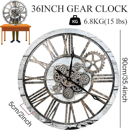 The B-Style 36" Large Moving Gear Wall Clock Oversized Vintage Farmhouse Wall Clocks for Living Room Decor Rustic Industrial Wood Clock (Gray White and Bronze Gears)