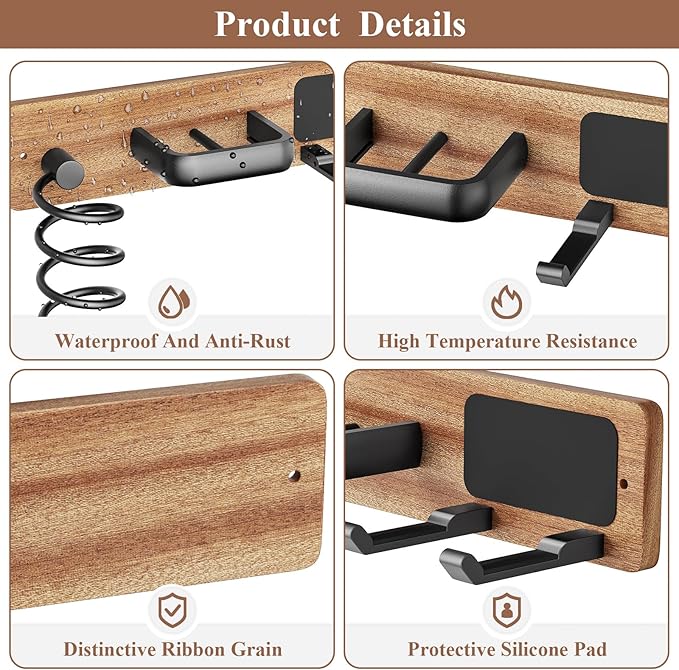 Tindbea Hair Dryer Holder Curling Iron Holder Flat Iron, Blow Dryer Holder Wall Mount, Bathroom Hair Tool Organizer Rack for Universal Dryer (Sapele Wood Matte Metal, Matte Black)