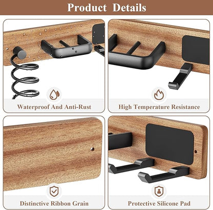 Tindbea Hair Dryer Holder Curling Iron Holder Flat Iron, Blow Dryer Holder Wall Mount, Bathroom Hair Tool Organizer Rack for Universal Dryer (Sapele Wood Matte Metal, Matte Black)