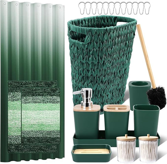 Dark Green Bathroom Accessories Set with Wicker Trash Can Shower Curtain and Rugs,Bathroom Sets Small Waste Basket Bathroom Trash Can for Bedroom Bathroom