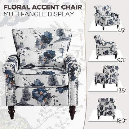 Wingback Accent Chair with Removable Pillow, High Back Floral Armchair with Solid Wood Legs & Nailhead Trim, Comfy Upholstered Reading Single Sofa Chair for Bedroom (1, Ink Blue Pattern)