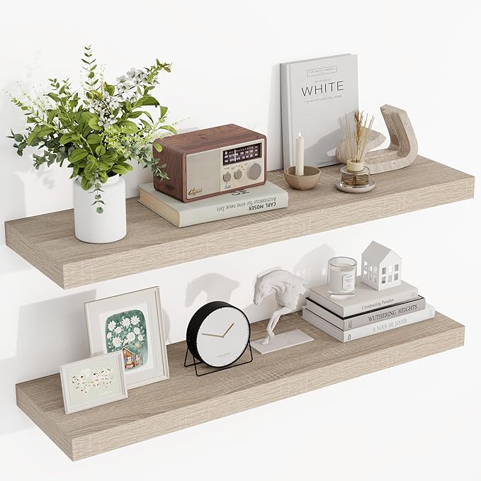 36 Inch Floating Shelves, 3D Textured Wood Grain, 36"x9.25"x1.5" Inch Deep Floating Shelves for Wall, Wooden Shelves for Bathroom, Bedroom, Living Room, Vintage White Oak, 2 Pieces