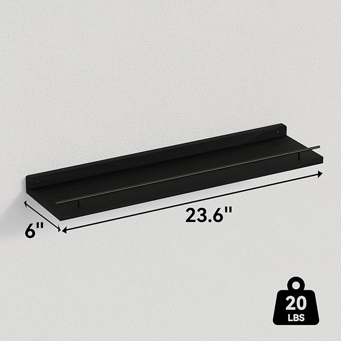 WOPITUES Floating Shelves 24 inch with Gold Metal Guardrail, Shelves for Wall Decor Set of 3, Wall Shelves for Bedroom, Bathroom, Kitchen, Living Room, Plants, Picture Frames, Art- Black