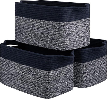 Storage Basket for Organizing, Woven Baskets for Storage, Rectangle Decorative Baskets for Shleves, Closet, Toys, Books, Nursery Organizer Bins - Pack of 3 (Blue & Black)