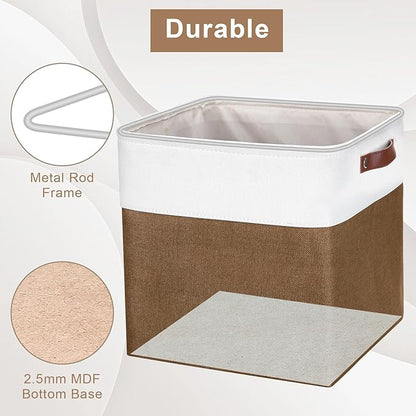 13x13 Cube Storage Bins, Collapsible Fabric Storage Box, 4 Pack Closet Baskets with Handles for Organizing, Shelf, Toys, Clothes, Home, Office, Nursery (Brown&White)