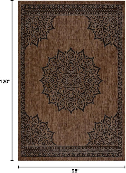 CAMILSON Outdoor Rug 8x10 Medallion Nut Brown Black Modern Area Rugs for Indoor and Outdoor Patios, Kitchen and Hallway Rug, Washable Porch Deck Outside Carpet (8 x 10)