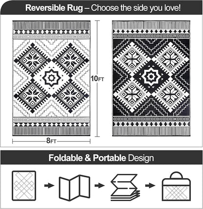 Waterproof Outdoor Rug 8x10ft, Boho Reversible Plastic Straw Mat for Patio RV Deck Porch Backyard Balcony Camping Picnic Beach Indoor Outdoor Carpet, Black&White