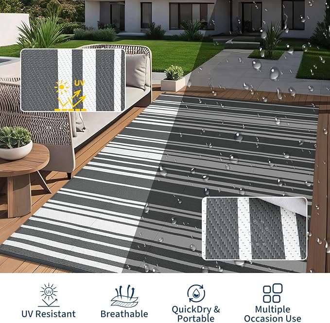Outdoor Plastic Straw Rug 9x18 Waterproof Outside Rug, Large Modern Striped Reversible Floor Mats, Foldable & Lightweight Camping Carpet for Patio, Porch, Deck, Backyard, Balcony, Grey
