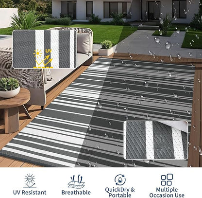 Outdoor Plastic Straw Rug 9x18 Waterproof Outside Rug, Large Modern Striped Reversible Floor Mats, Foldable & Lightweight Camping Carpet for Patio, Porch, Deck, Backyard, Balcony, Grey