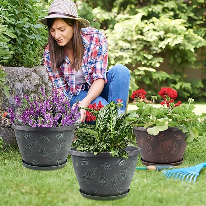 11 inch Plant Pot, 3 Pack Large Pots for Plants, Flower Pots with Drainage Hole & Saucer, Modern Planters for Indoor Outdoor Plants, Decorative Plastic Garden Pots (Copper)