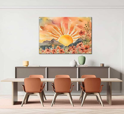 Boho Sun Canvas Wall art Mid-Century Modern Abstract Bohemian Sunset in The Mountains Watercolor Wildflowers Sunrise Landscape Picture Wall Decor Poster Print Artwork for Living Room Bedroom