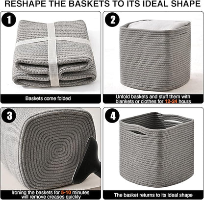 11 Inch Cube Storage Bins, Storage Cube Organizer Bins, Woven Cotton Rope Basket for Storage, Storage Baskets for Organizing Shelves, Grey Baskets for Toys Nursery, Grey (Pack of 3)