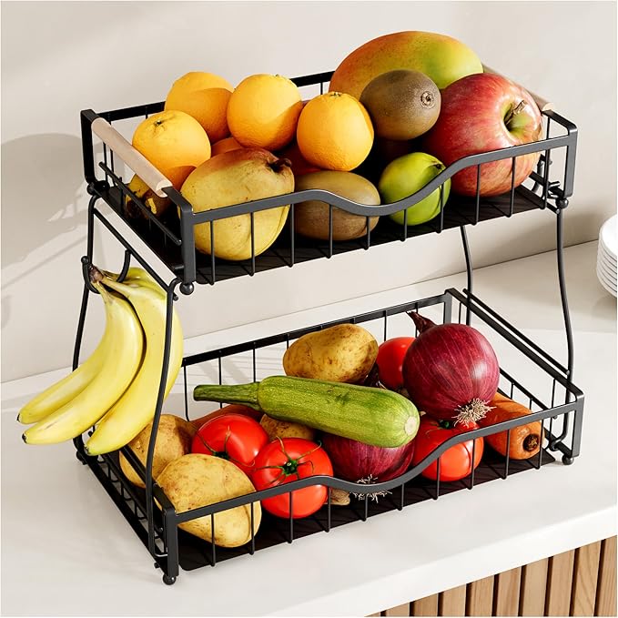 2 Tier Fruit Basket with 2 Banana Hangers, Fruit Bowl for Kitchen Countertop with 2 Wooden Handle, Detachable Metal Fruit Holder for Vegetable Bread with 2 Protective Pads, Black
