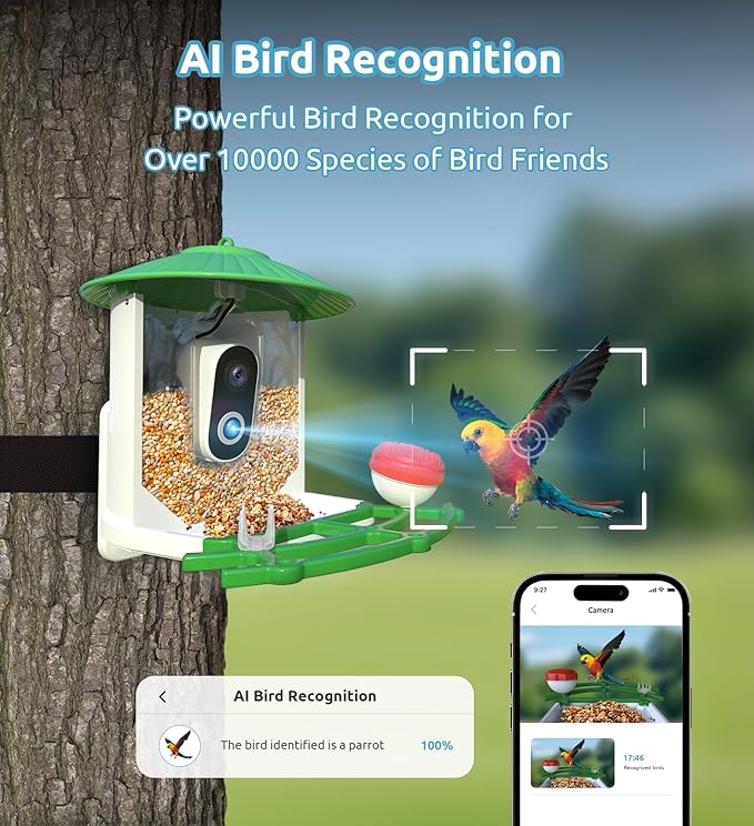 Bird Feeder with Camera, 2K HD AI Smart Identify BirdSpecies Video Camera with Solar Panel Outdoors Birdhouse with Cam, Instant Arrival Alerts, Capture BirdVideo Ideal Present for Bird Lover