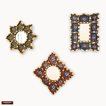 Small Decorative Wall Mirror set of 3 - Accent mirrors of 6in for wall decor, Peruvian Mirrors Vanity with bronze leaf
