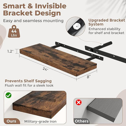 24 Inch Floating Shelves for Wall Set of 2, 8"D Wood Grain Bathroom Shelves with Invisible Brackets, Easy Install Engineered Wood Storage Shelves for Kitchen, Living Room, Bedroom, Rustic Brown Finish